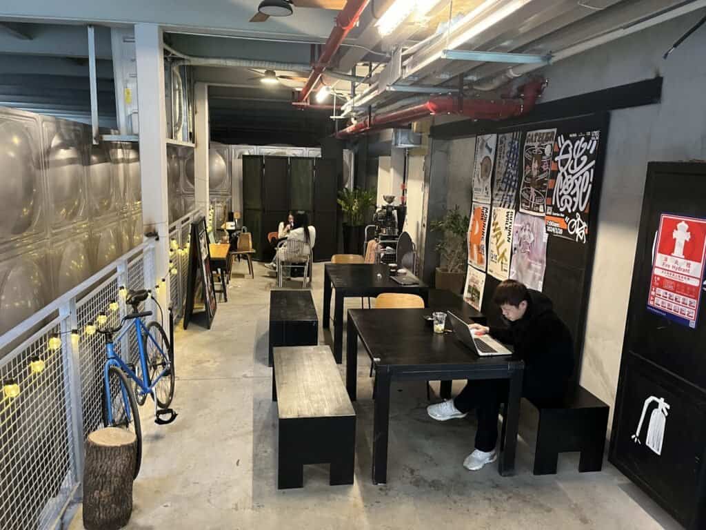 Dab haus seating area People, bicycle, benches tables, open plan