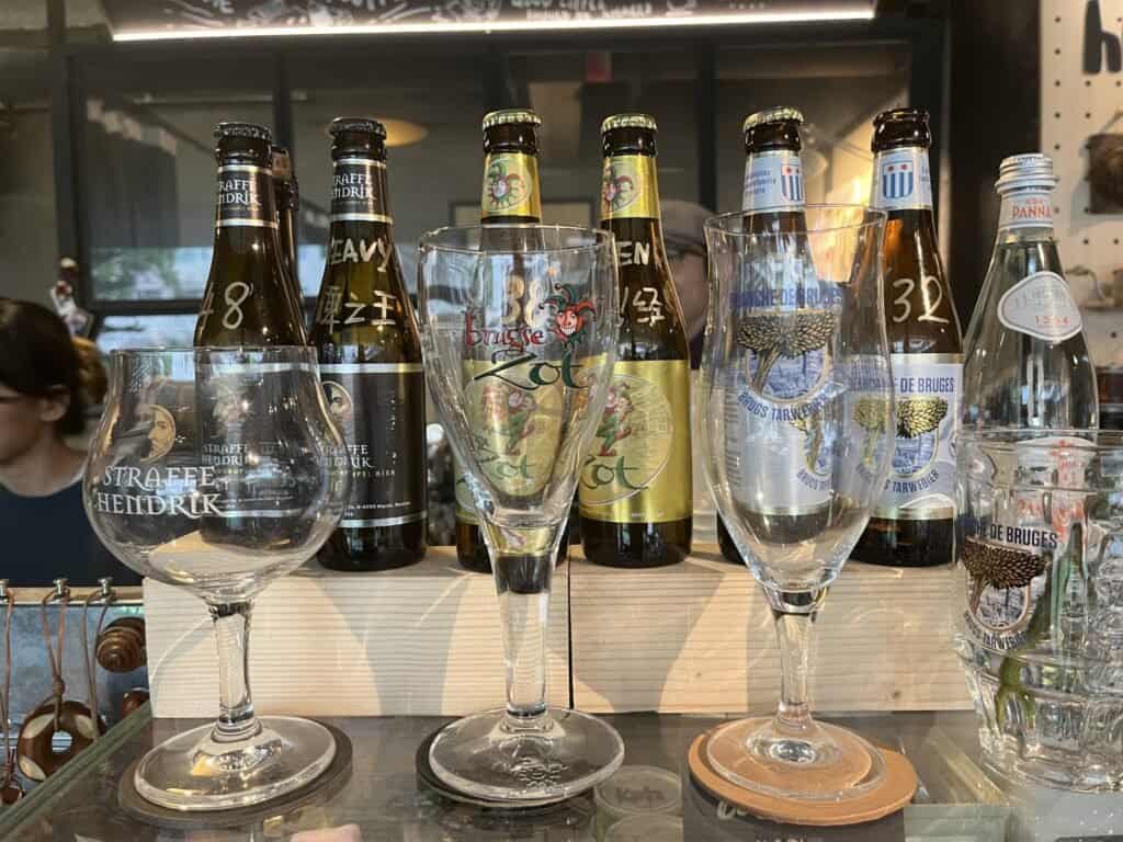 Half moon brewery, Blanche, zot, quadruple, beers for sale, counter, glasses, dab haus