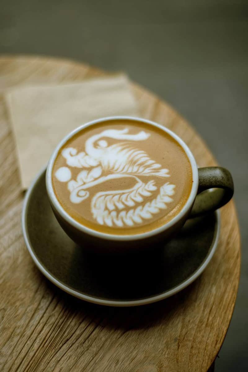Dark ceramic cup of coffee with bird latte art at Walden's coffee.